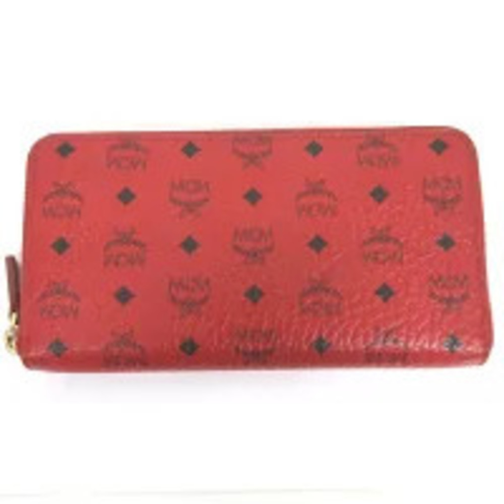 MCM Long Wallet Round Zipper Leather Red All over
